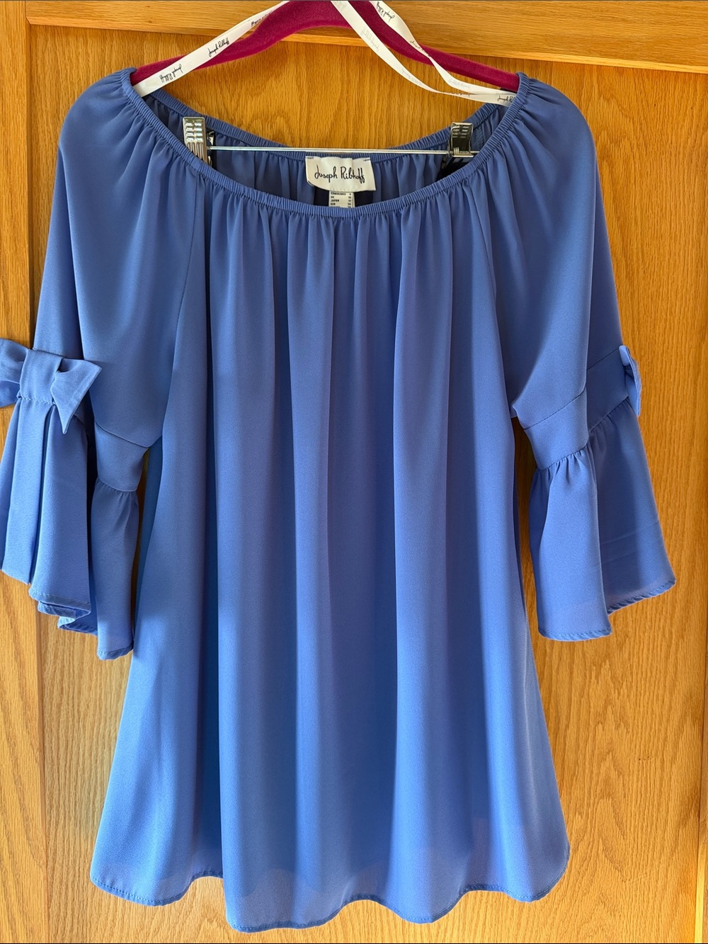 Joseph Ribkoff Periwinkle Off-Shoulder Tie-Sleeve Blouse